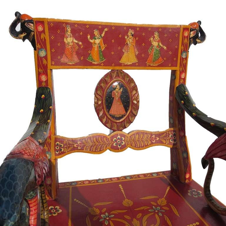 20th Century Hand Carved and Painted Indian Armchairs