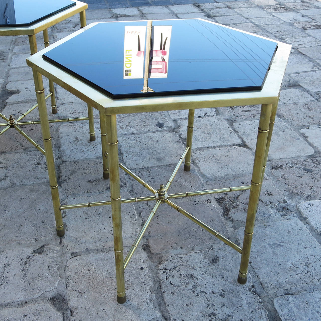 Mid-Century Modern Mastercraft Hexagonal Brass and Glass Side Tables