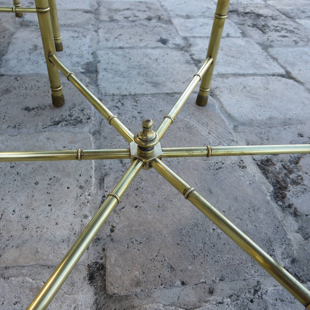 American Mastercraft Hexagonal Brass and Glass Side Tables
