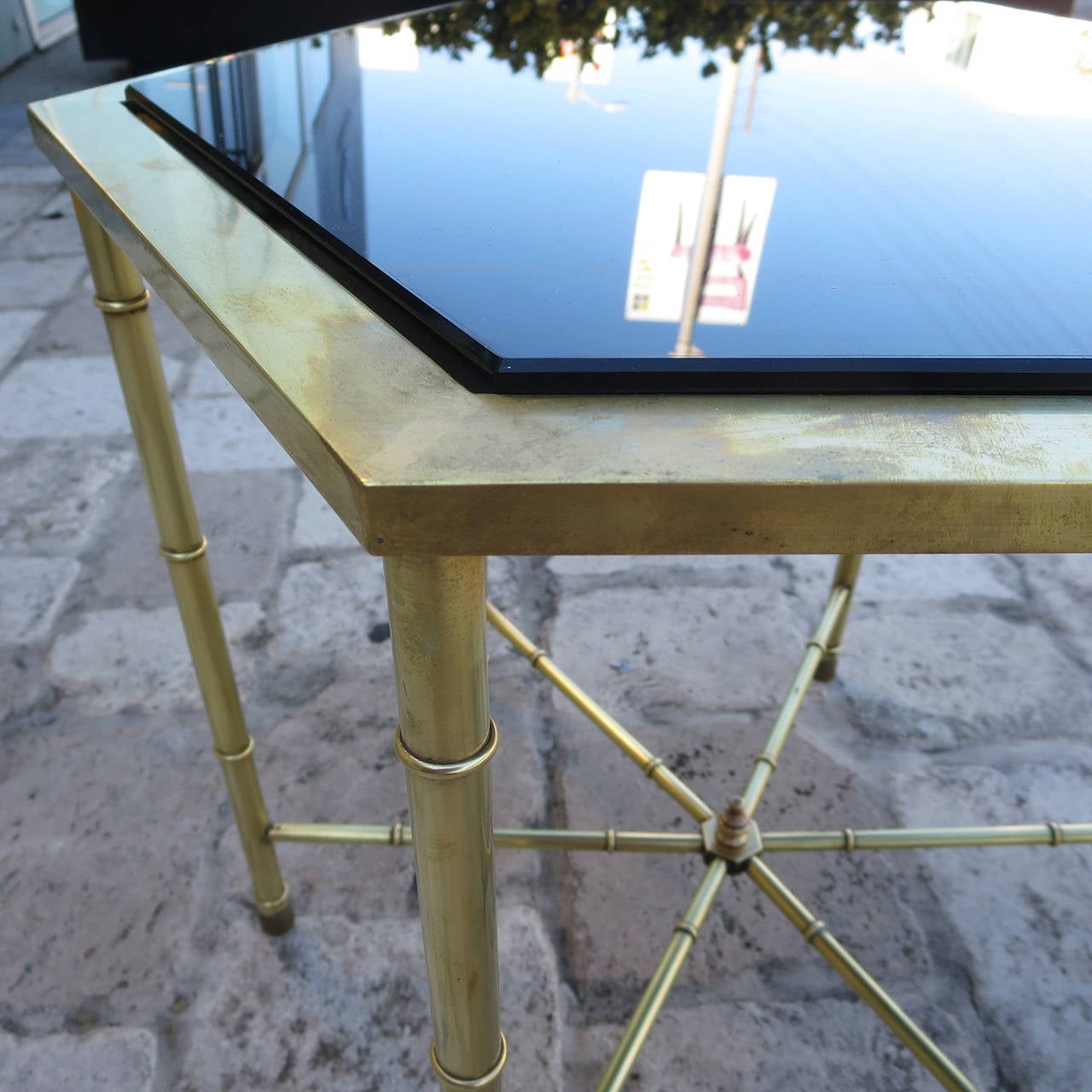Polished Mastercraft Hexagonal Brass and Glass Side Tables
