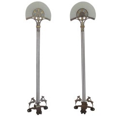Vintage Art Deco Iron and Glass Theater Floor Lamps