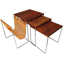 Rosewood And Chrome Nesting Tables with Attached Magazine Holder