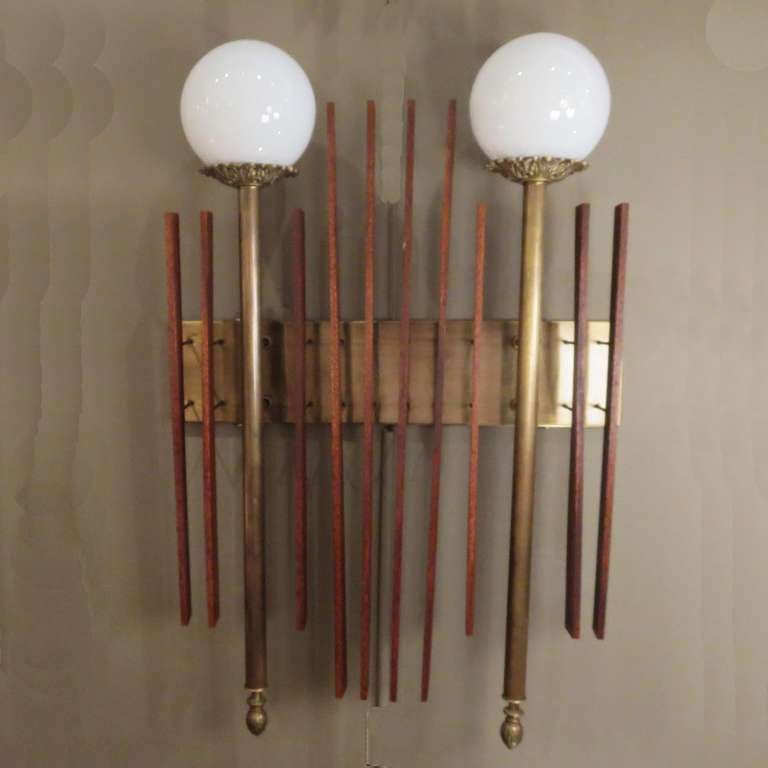 Mid-Century Modern Mid Century Modernist Sconces in Wood and Brass