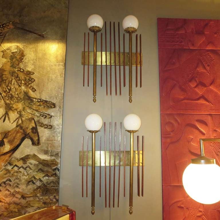 American Mid Century Modernist Sconces in Wood and Brass