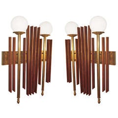 Mid Century Modernist Sconces in Wood and Brass