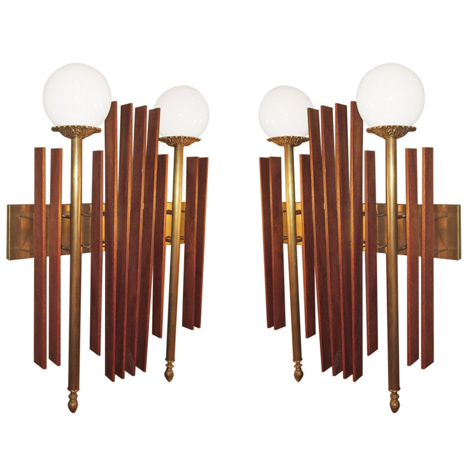 Mid Century Modernist Sconces in Wood and Brass