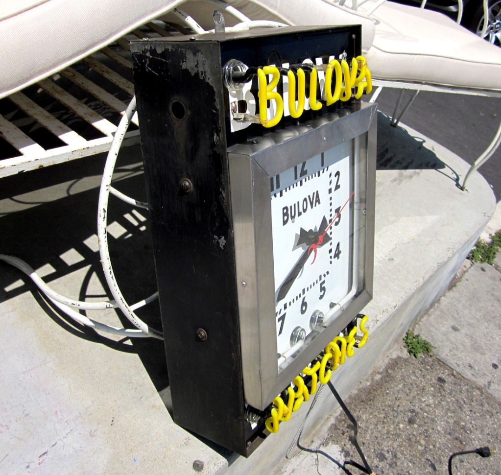 Painted Bulova Watches Porcelain Enamel and Neon Advertising Clock