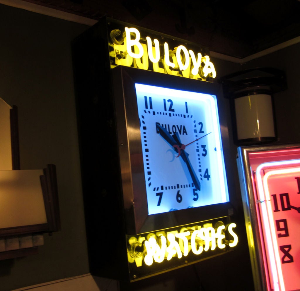 Stainless Steel Bulova Watches Porcelain Enamel and Neon Advertising Clock
