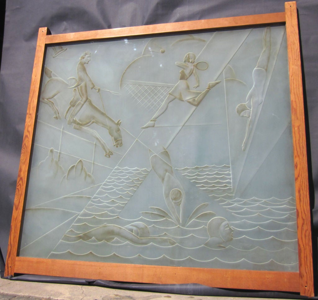 These sensational panels came from a YWCA in Chicago, circa 1930's, and are both etch signed by Theo McFall.  The stylized frosted glass artwork depicts women in various sporting activities - golf, tennis, polo, basketball, swimming, and speedboat