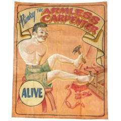 Vintage "Pinky the Armless Carpenter" Circus Sideshow Banner