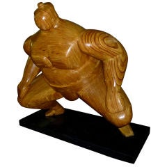 Monumental Wood Sumo Wrestler Sculpture by Hy Farber