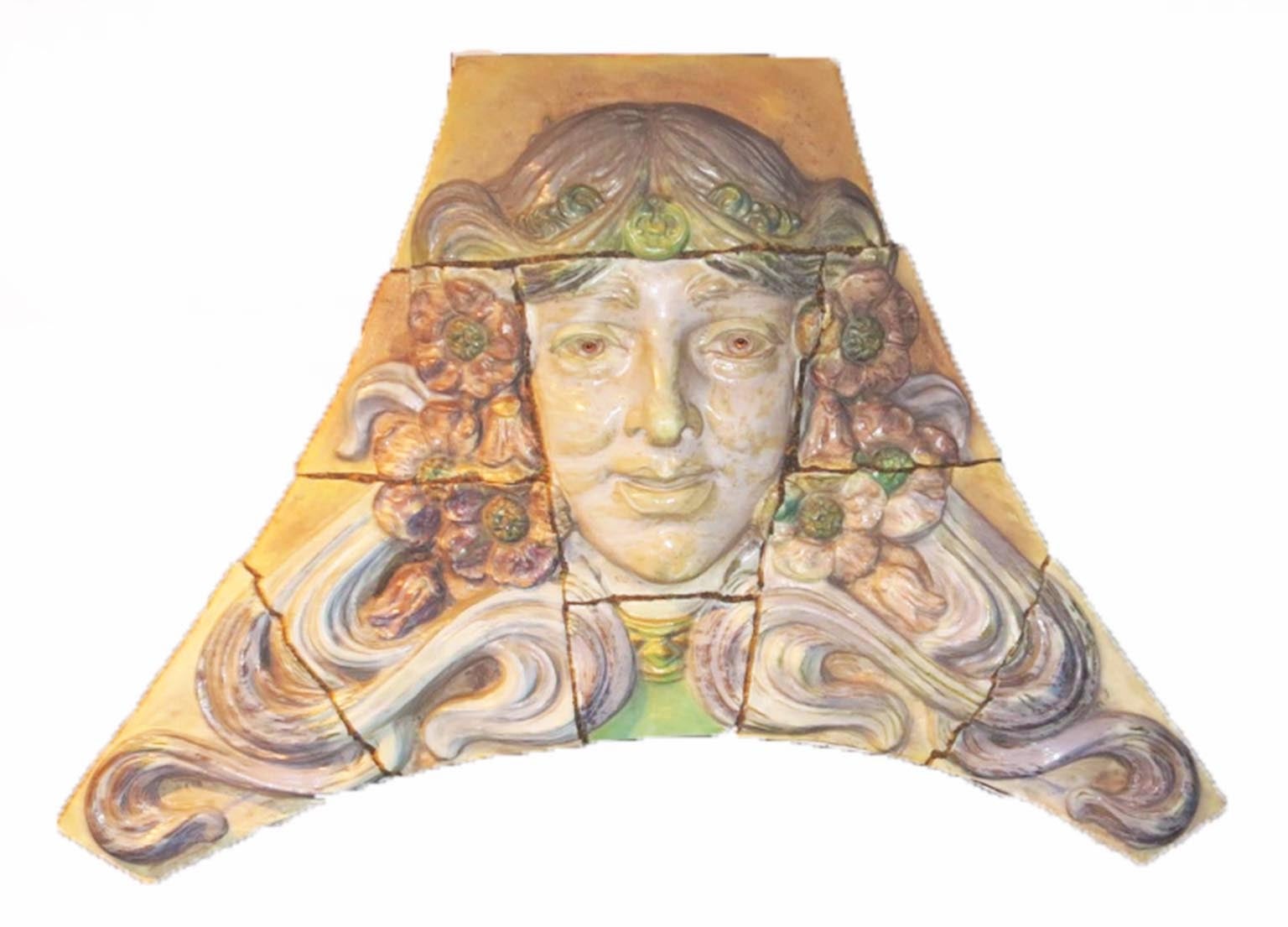 Monumental Art Nouveau Architectural Glazed Terracotta Head For Sale