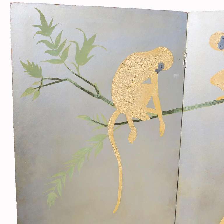 French Art Deco Three Panel Monkey Themed Painted Screen