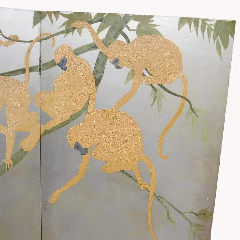 Art Deco Three Panel Monkey Themed Painted Screen In Good Condition In North Hollywood, CA