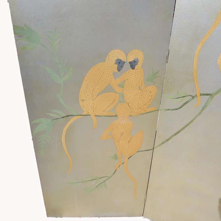 Mid-20th Century Art Deco Three Panel Monkey Themed Painted Screen