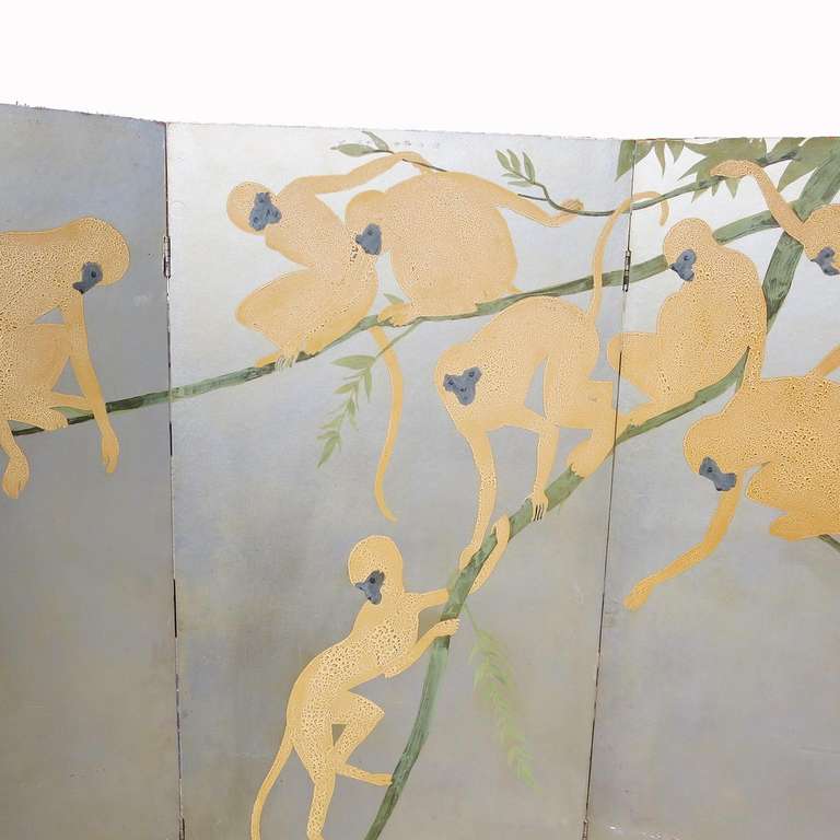 Wood Art Deco Three Panel Monkey Themed Painted Screen