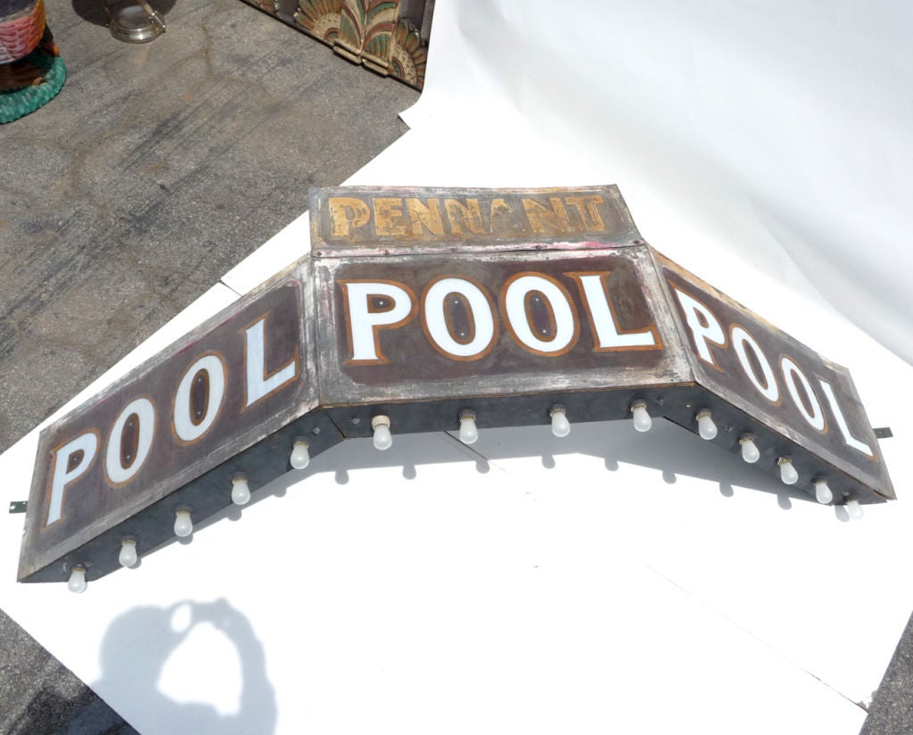 What a beauty! This marquee style sign hung over the doorway of Pennant Pool hall in an old downtown building. The three sided sign has wonderful old original paint and milk glass letters. The bottom portions have been reworked to be easily