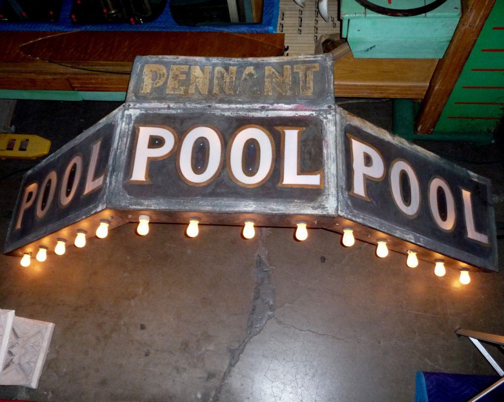 Mid-20th Century Incredible Painted Tin Lighted Pool Hall Marquee Sign