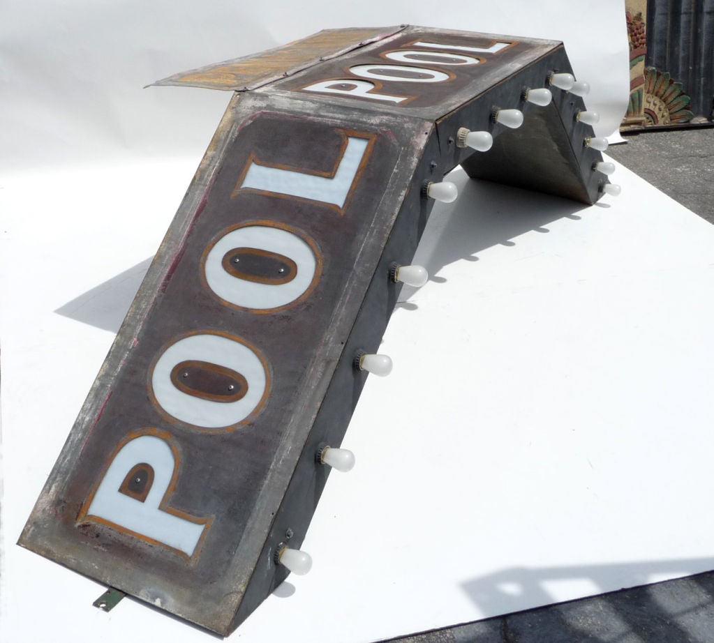 Incredible Painted Tin Lighted Pool Hall Marquee Sign 1