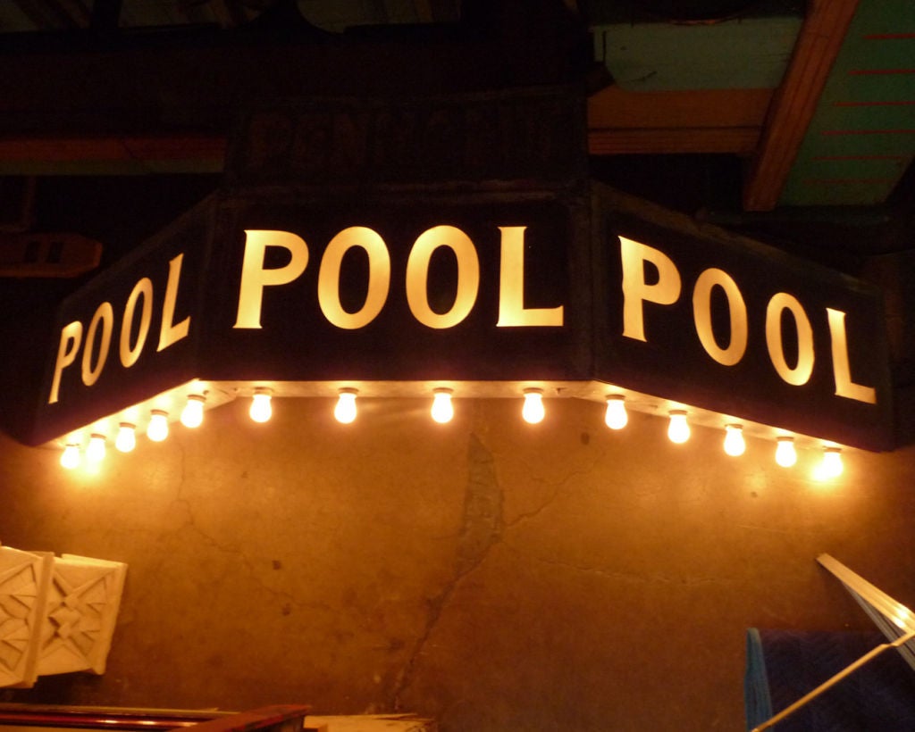 Incredible Painted Tin Lighted Pool Hall Marquee Sign at 1stDibs