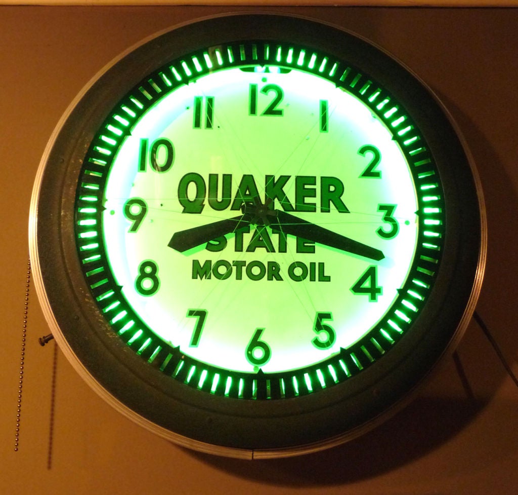 Quaker State Motor Oil 19" Double Neon Clock Green Neon Man Cave Garage Shop 