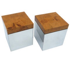 Pair of Chrome and Burl Wood Cube Tables by Milo Baughman