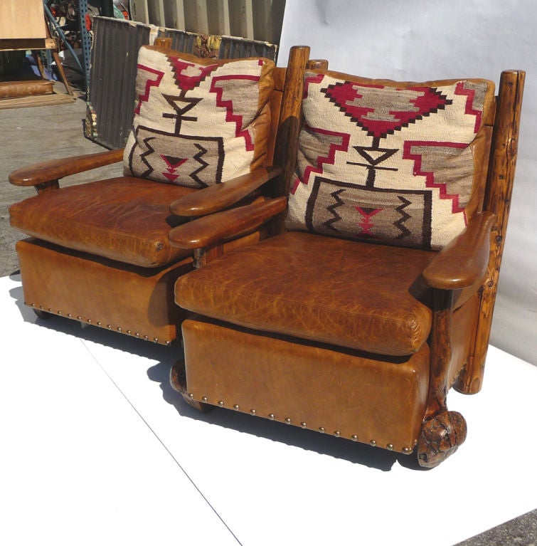 American Pair of Leather Armchairs in the Style of Thomas Molesworth