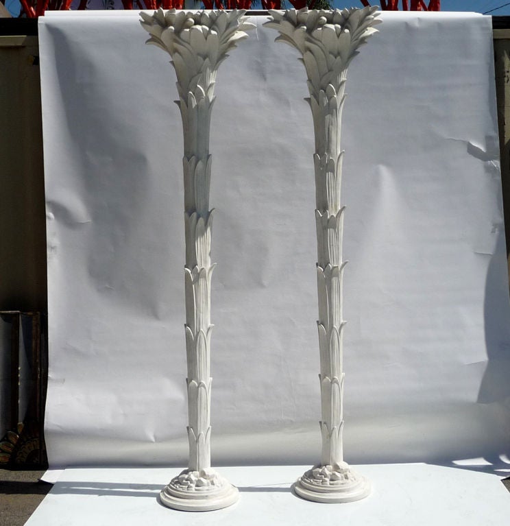 An incredible impact is created by this fantastic pair - they stand over eight feet tall! While most are seen in the six foot height, ours create the proper scale for a larger room. The lamps are cast plaster over wood, and draw inspiration from the
