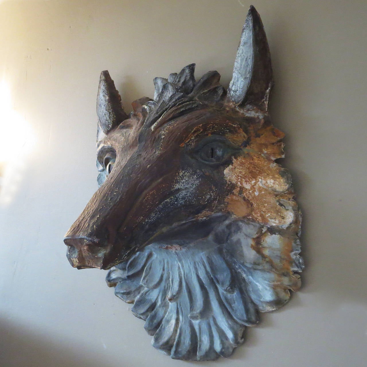Early Victorian Wolfs Head Pub Sign in Hammered Zinc