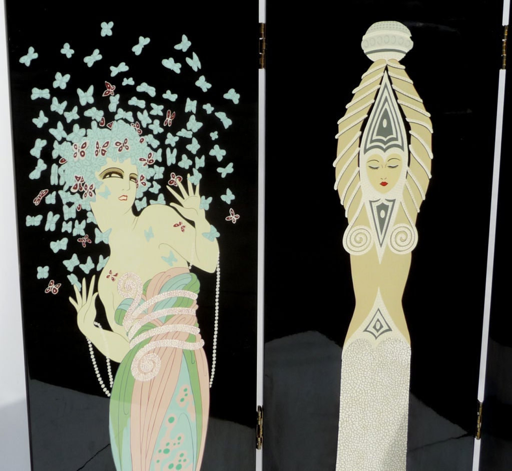 This lovely folding screen was created by the artist La Fontaine, influenced by the Deco graphics of Erte. Each panel is hand painted and signed, and the execution is superb. Each of the four women also feature areas of crushed eggshell, a technique