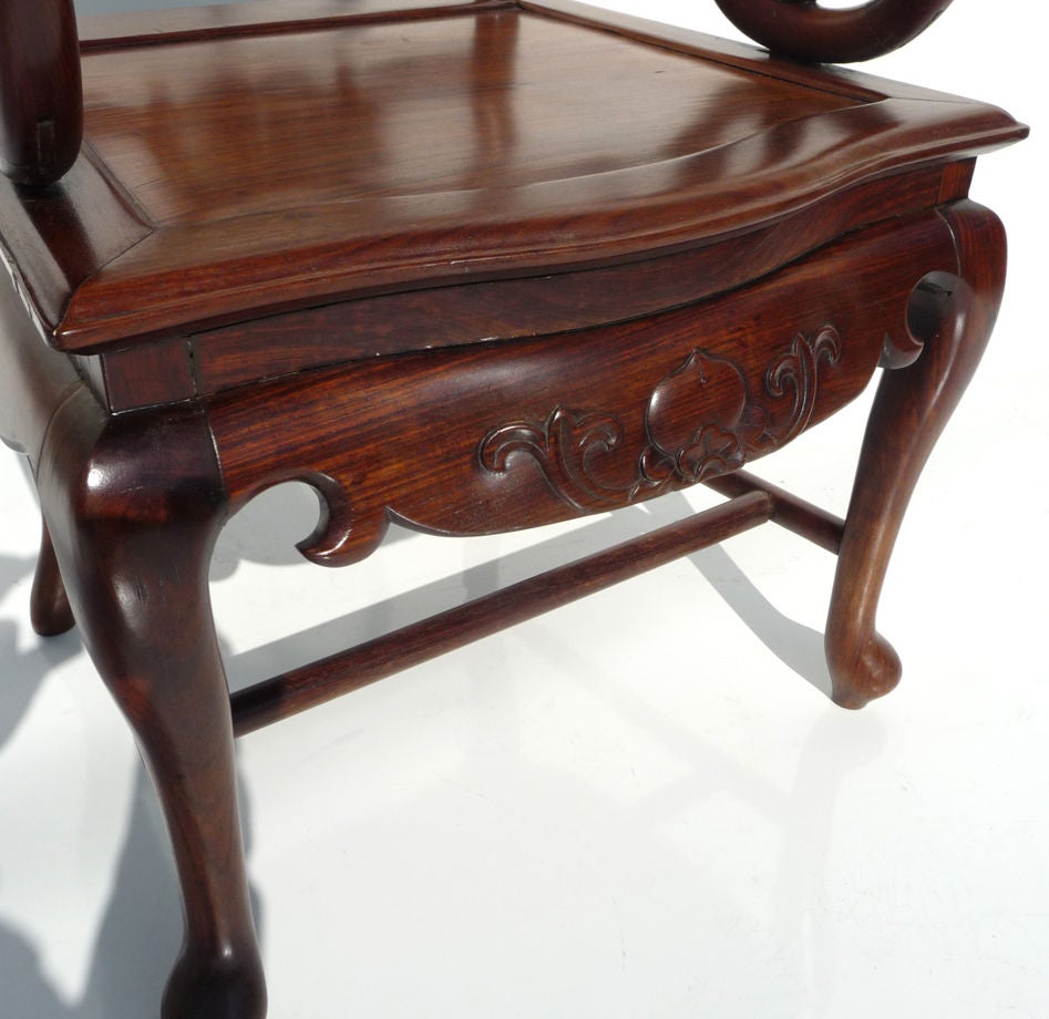 20th Century Solid Rosewood and Marble Asian Arm Chairs For Sale