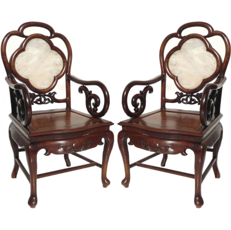 Solid Rosewood and Marble Asian Arm Chairs For Sale