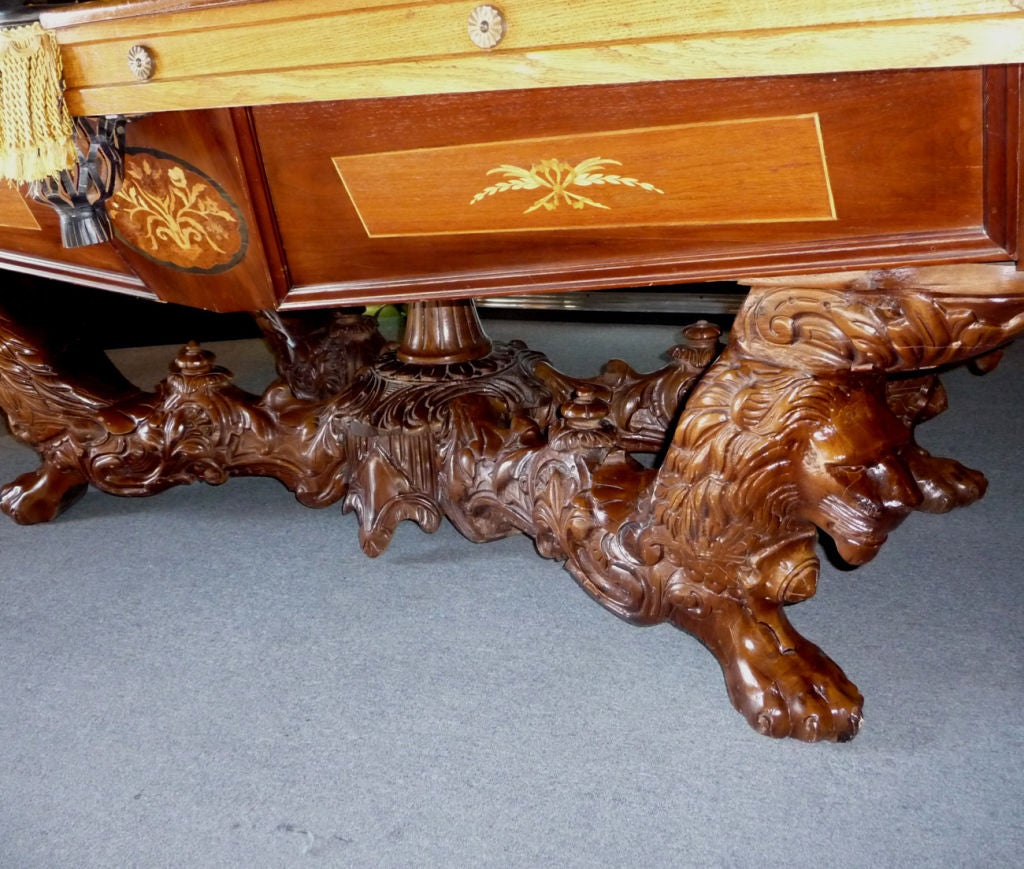 The most elaborate of all Brunswick pool tables is the Monarch, created in 1875. With its intricately carved lion base and multiple inlays, it remains one of the most sought after and valuable tables today. Our table is a lovely re-creation of the