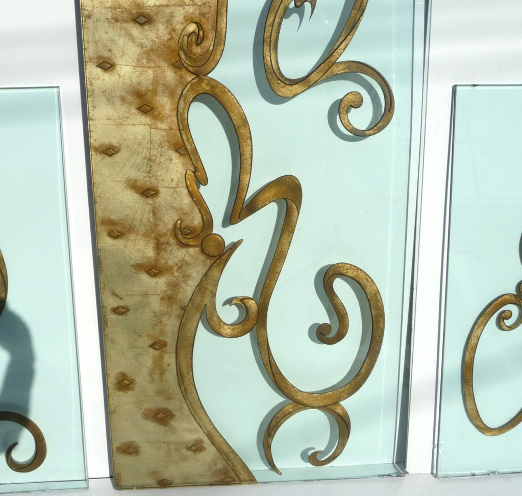 American Phenomenal Architectural Etched and Gilded Glass Panels For Sale