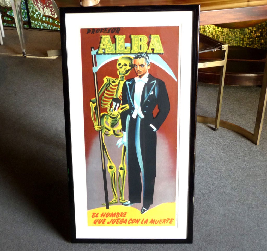 El Hombre Que Juega Con La Muerte - The man who plays with Death! This dapper tuxedoed magician appears side by side with the grim reaper in this marvelous graphic image. The poster is from Valencia Spain, and dated 1959. We have had it