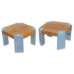 Milo Baughman Olivewood Burl and Nickel Side Tables
