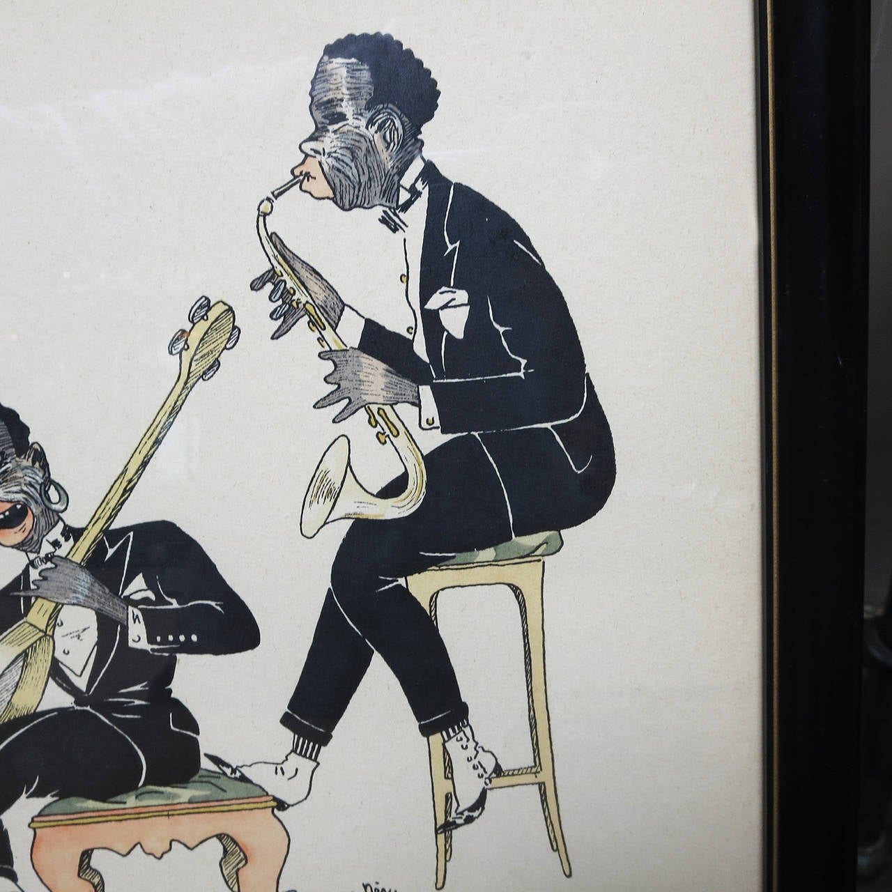 American Watercolor and Ink Art Deco Jazz Band by Raymond Niry
