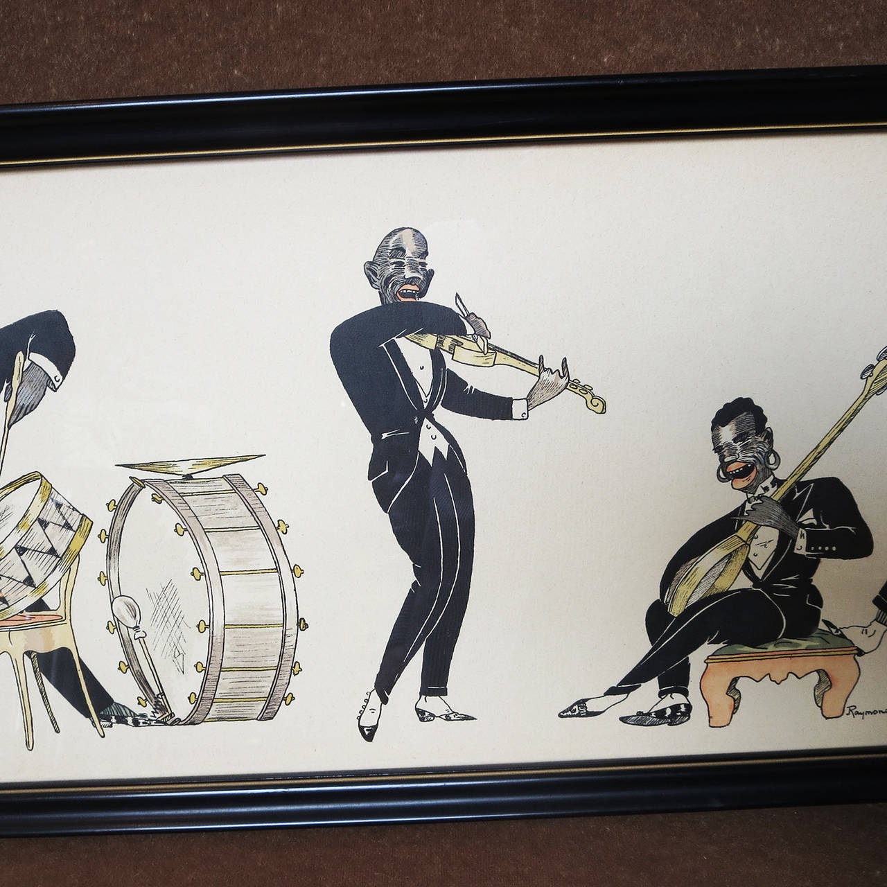 Watercolor and Ink Art Deco Jazz Band by Raymond Niry In Good Condition In North Hollywood, CA