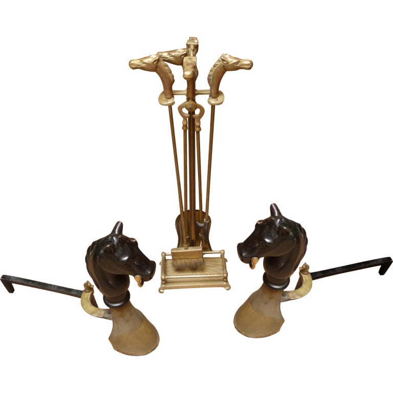 Equestrian Themed Andirons and Fireplace Tool Set at 1stdibs