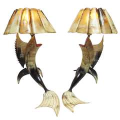 Whimsical Steer Horn Folk Art Fish Lamps
