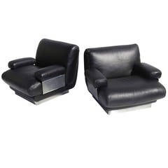 Jacques Charpentier Club Chairs in Buffalo Leather and Stainless Steel