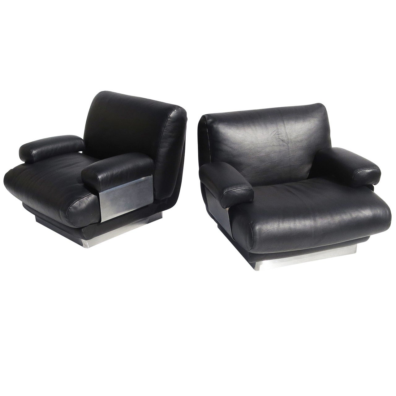 Jacques Charpentier Club Chairs in Buffalo Leather and Stainless Steel For Sale