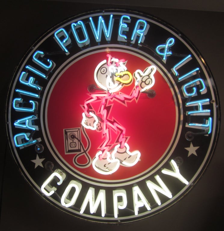 Reddy Kilowatt, who's lightning bolt stick figure body has become an icon of American advertising, was created in 1926. He was used to promote utility companies and electrical products until the 1960's when he faded from popular culture. Our sign is
