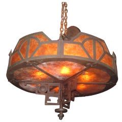 Antique Craftsman Style Iron and Mica Chandelier