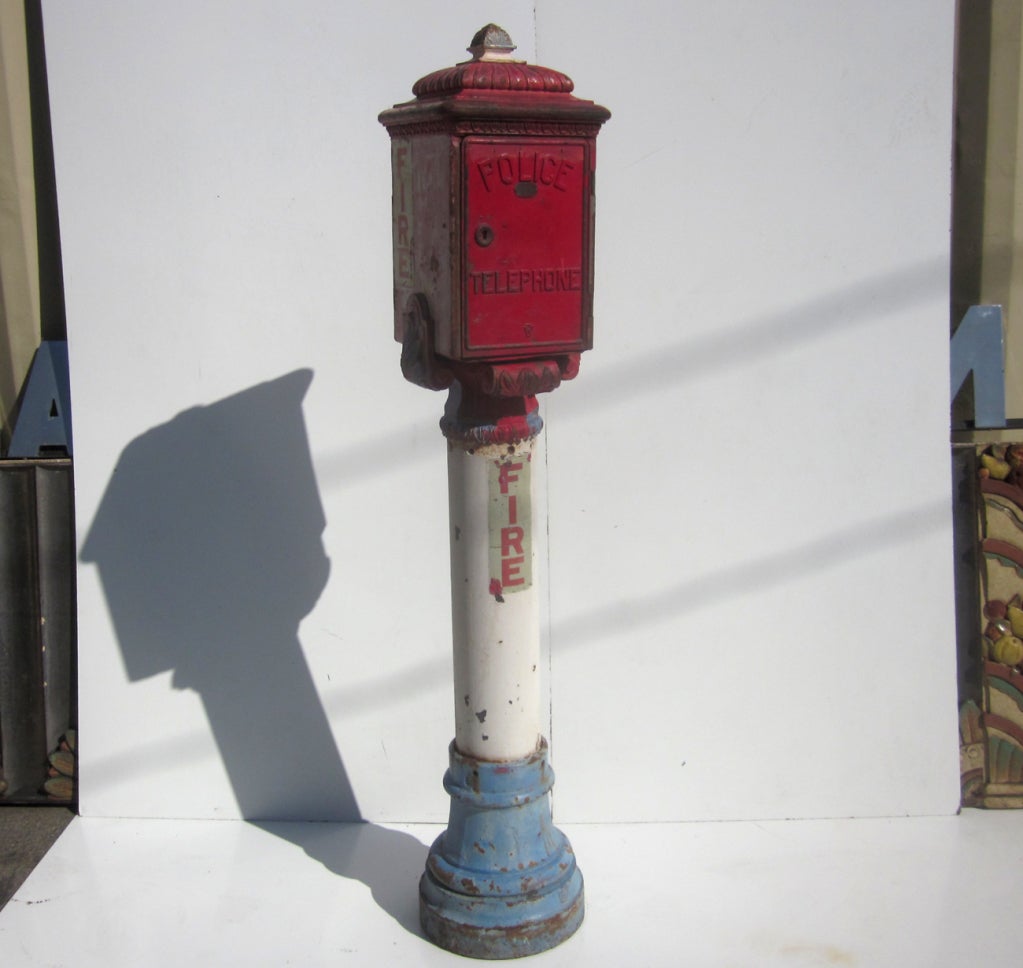 Once a regular sight on city streets, the police and fire call box has gone the route of the old trolly cars. Ours was made by Keystone Iron and Steel Works of Los Angeles, a company founded in 1885, and out of business by the late 1920's. The two