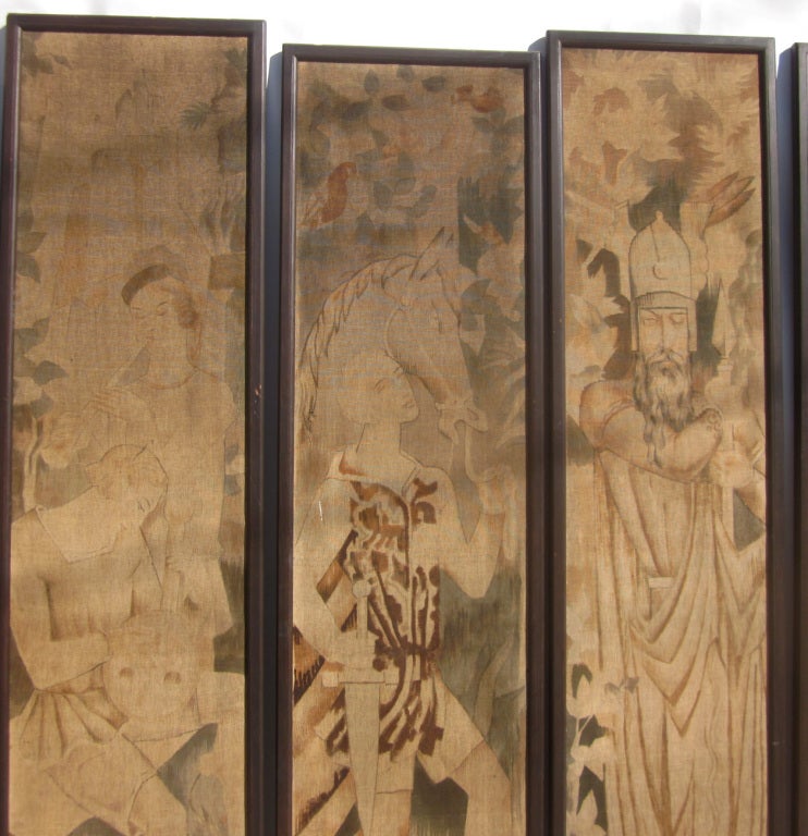 These wonderfully romantic panels are oil painted on fabric, and set into original wooden frames. They are believed to have been decorative wall panels decorating an Art Deco theater, and are quite stylized. They display an overall subdued coloring