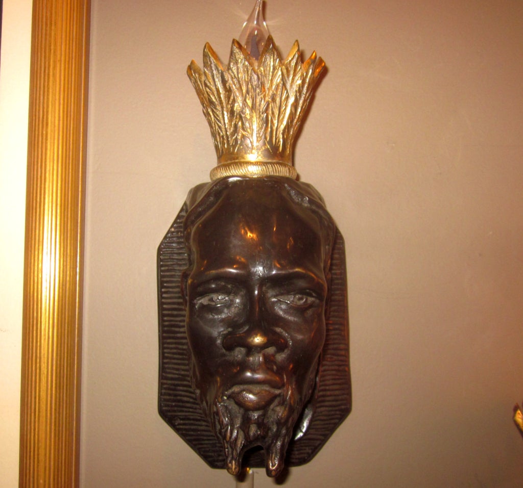 Solid Bronze Hollywood Regency Kings Head Sconces In Excellent Condition In North Hollywood, CA