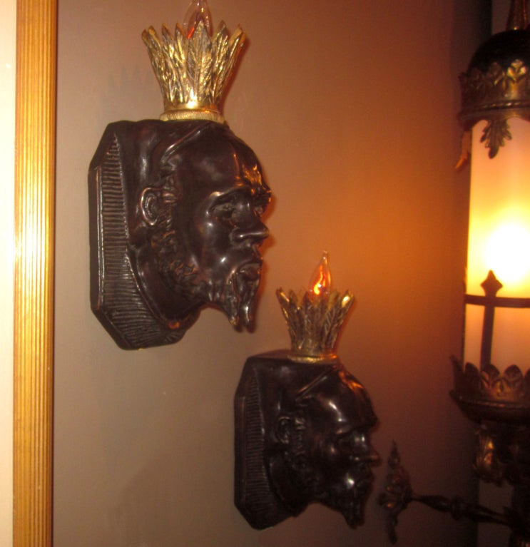 Solid Bronze Hollywood Regency Kings Head Sconces 1