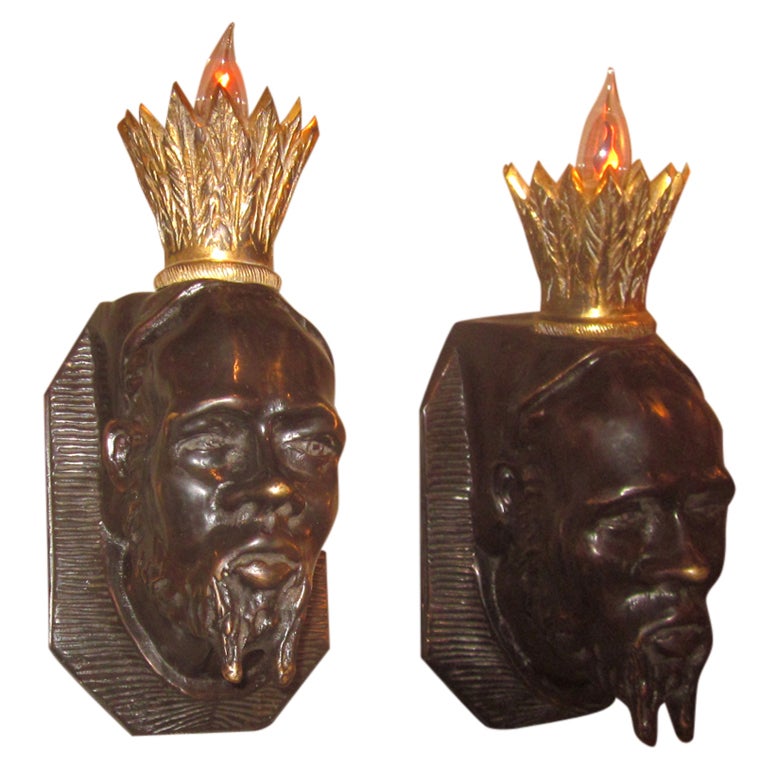 Solid Bronze Hollywood Regency Kings Head Sconces