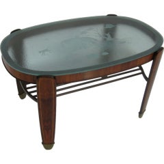 Vintage Etched Glass, Walnut and Bronze Coffee Table